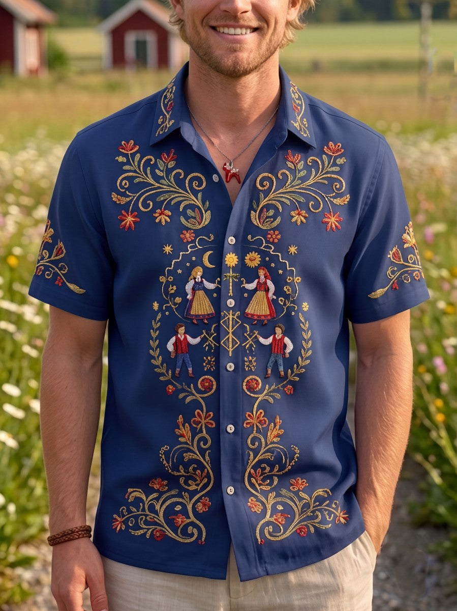Herrretro svensk midsommarfolkaldrigblommig bomull-linne skjorta med korta ärmarna