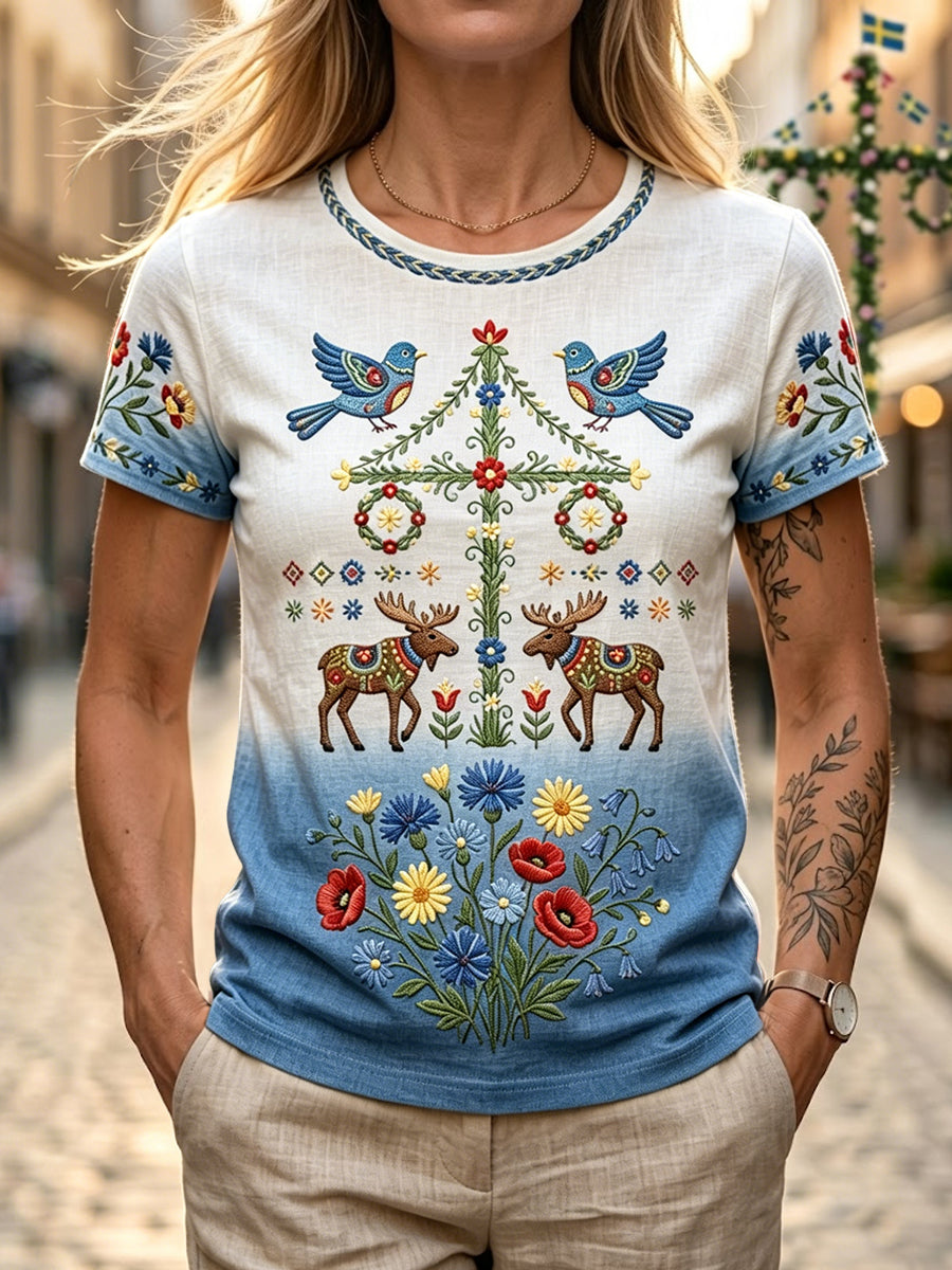 Kvinnor Retro Svenska midsommar Floral Bomull-Linen T-shirt