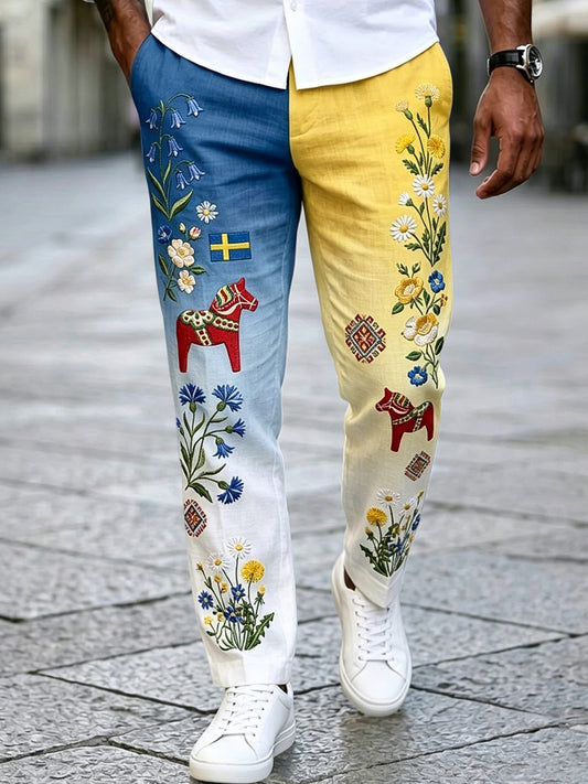 Retro herre svensk midtsommerbroderte fritidsbukser
