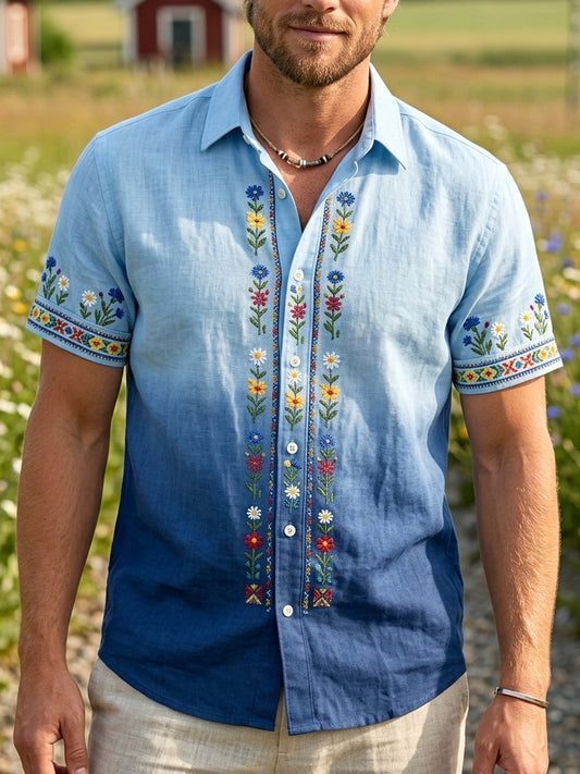 Herr retro svensk midtsommerfolkealdri blomstrete bomull-lin skjorte med korte ermer