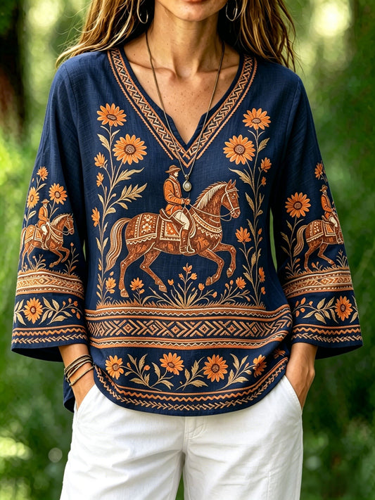Damer retro svensk midtsommerfolkedrakt-bluse i bomull-lin med blomstermønster