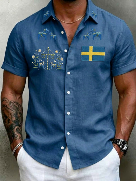 Herr retro svensk midtsommerfolkealdri blomstrete bomull-lin skjorte med korte ermer