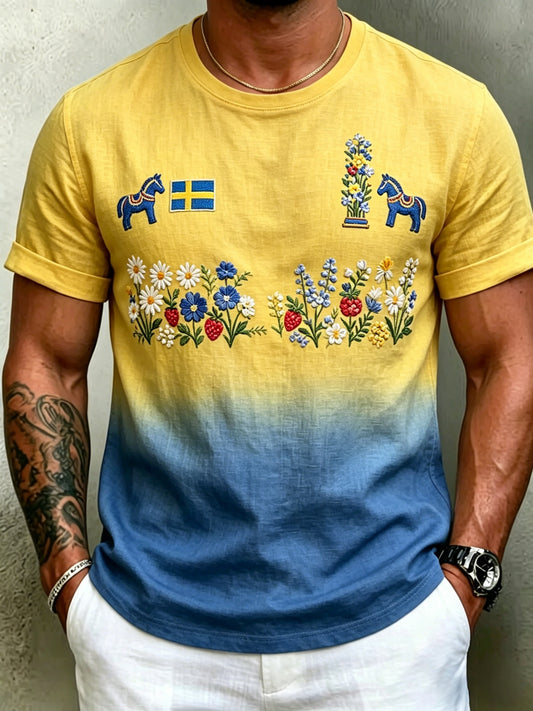 Herrretro svensk midtsommerfolkeinspirert T-skjorte i bomull og lin med korte ermer