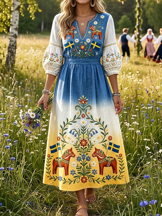 Dame Retro Svensk Midtsommer Blomstret Karusell Fargeendrende Kjole