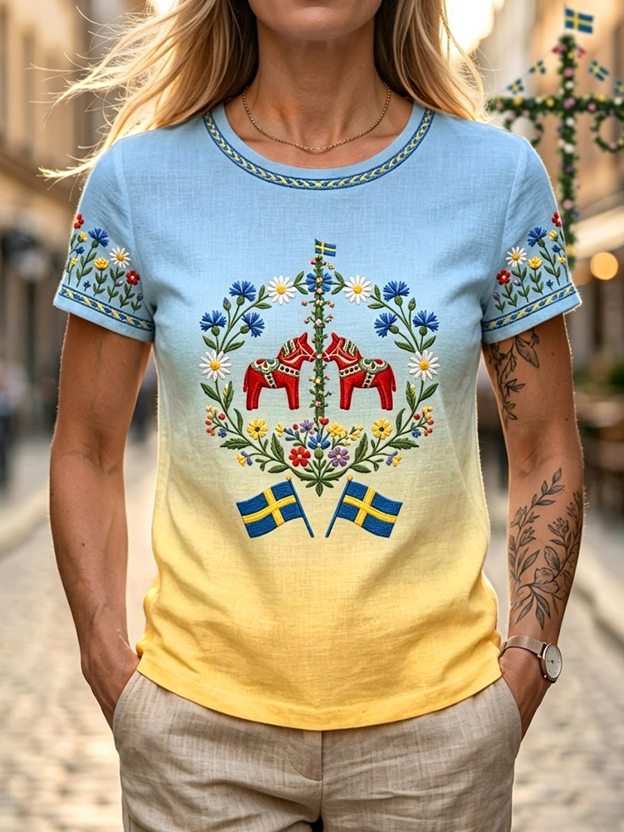 Kvinnor Retro Svenska midsommar Floral Gradient Bomull-Linen T-shirt