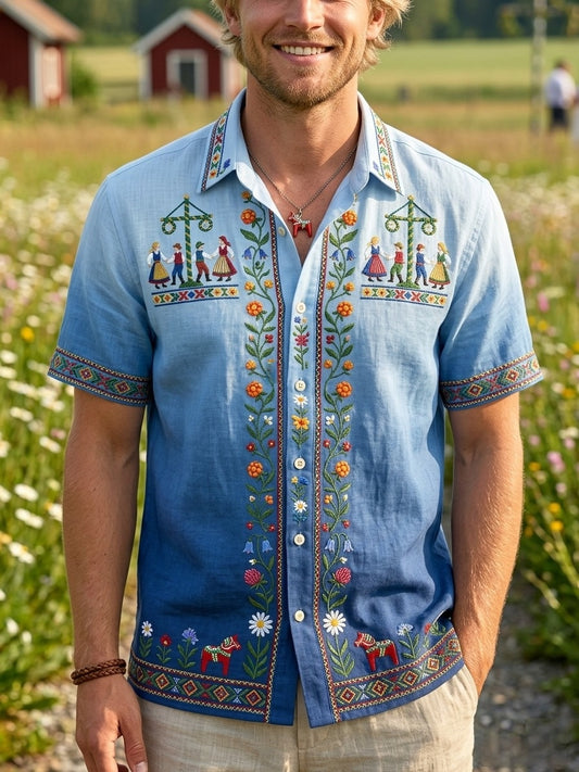Herr retro svensk midtsommerfolkealdri blomstrete bomull-lin skjorte med korte ermer