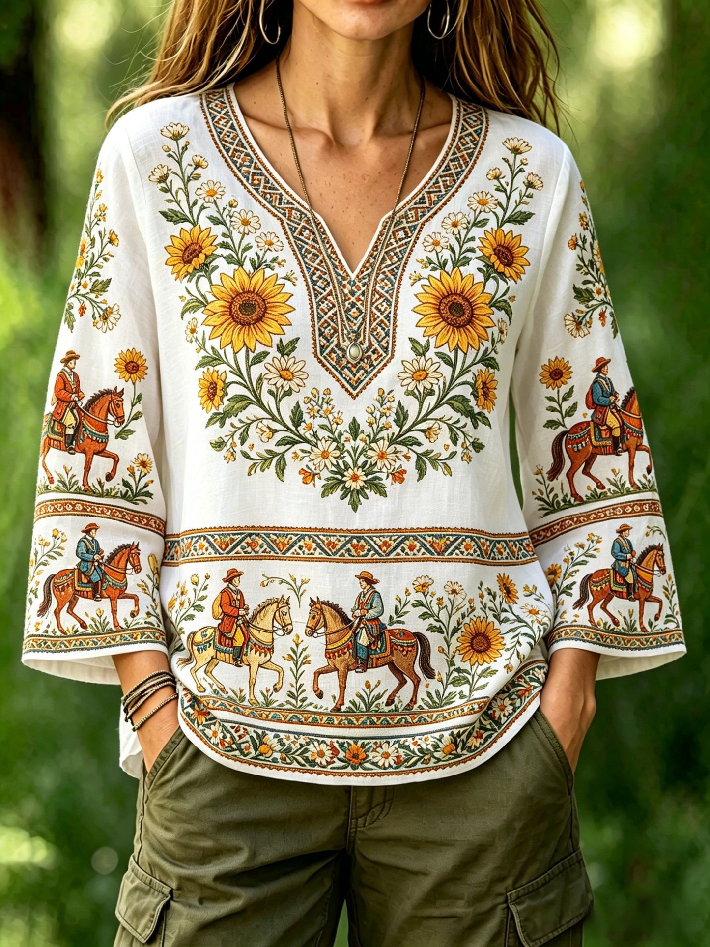Dams retro svensk midsommarfolkstil blus i bomull-linne med blommönster