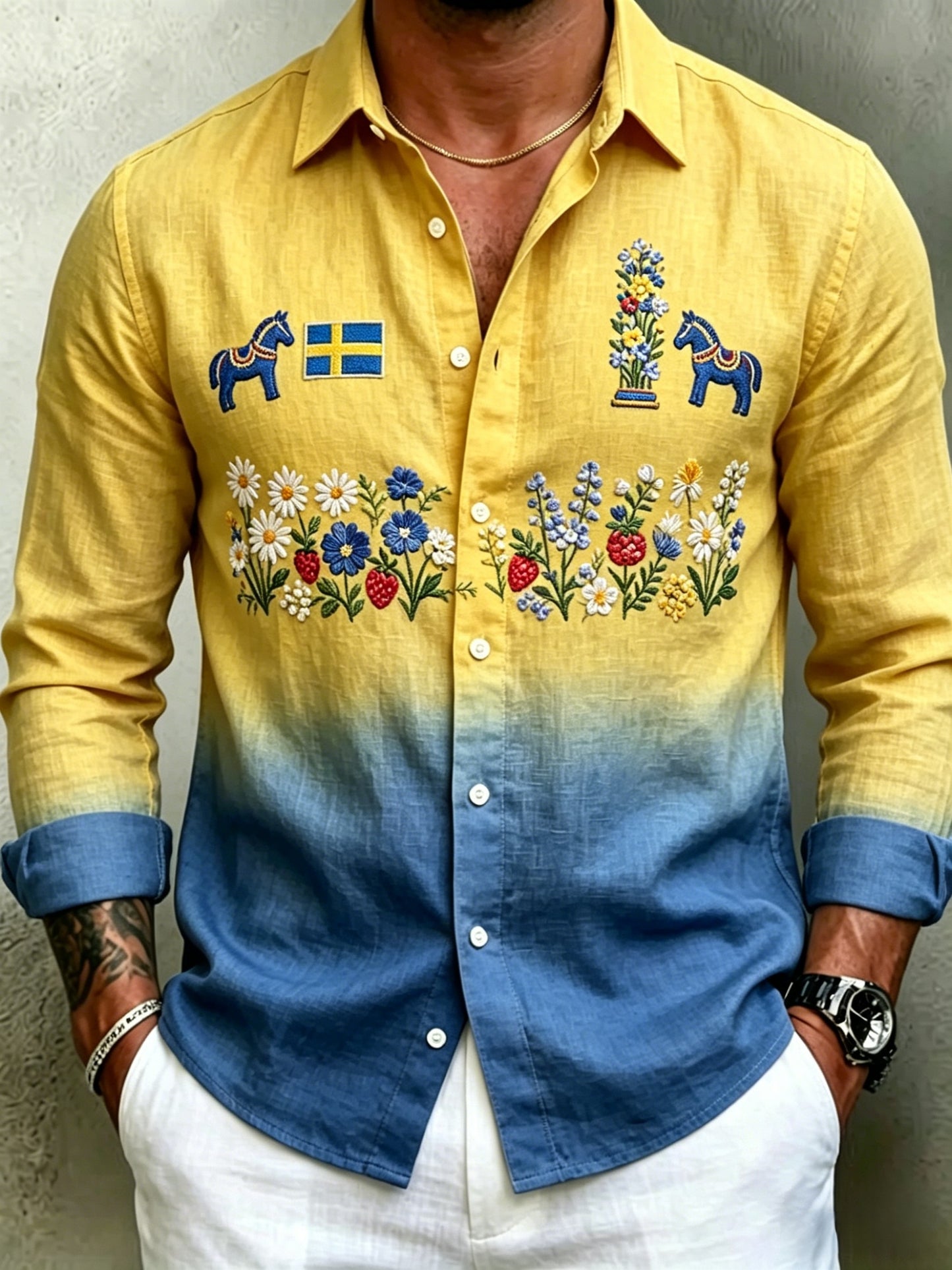 Herrretro svensk midsommarfolkaldrigblommig bomull-linne skjorta med långa ärmar