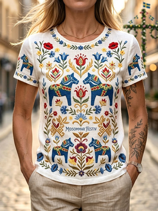 Retro svensk t-skjorte til damer i bomull-lin med blomstermønster og dalahäst-mønster