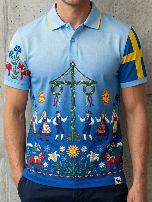 Herrretro svensk midtsommerfolkealdri blomstret bomull-lin polo med korte ermer