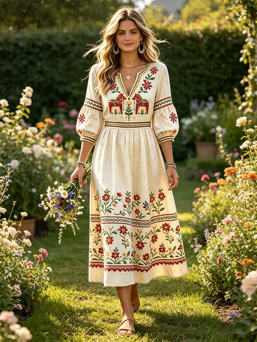 Kvinnors Off-vita midsommar Dala Häst Skriv ut Casual bomull-Linen V-Hack klänning