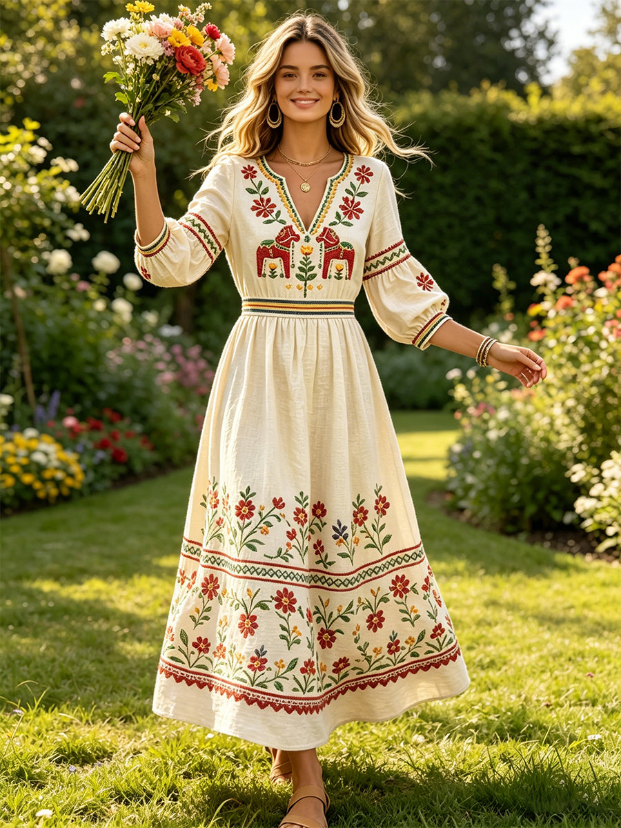 Kvinnors Off-vita midsommar Dala Häst Skriv ut Casual bomull-Linen V-Hack klänning