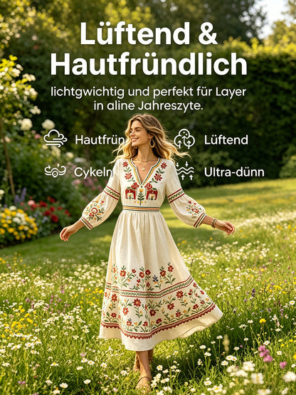 Kvinnors Off-vita midsommar Dala Häst Skriv ut Casual bomull-Linen V-Hack klänning