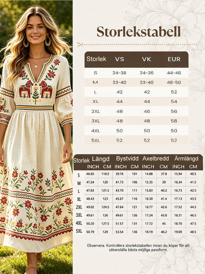 Kvinnors Off-vita midsommar Dala Häst Skriv ut Casual bomull-Linen V-Hack klänning