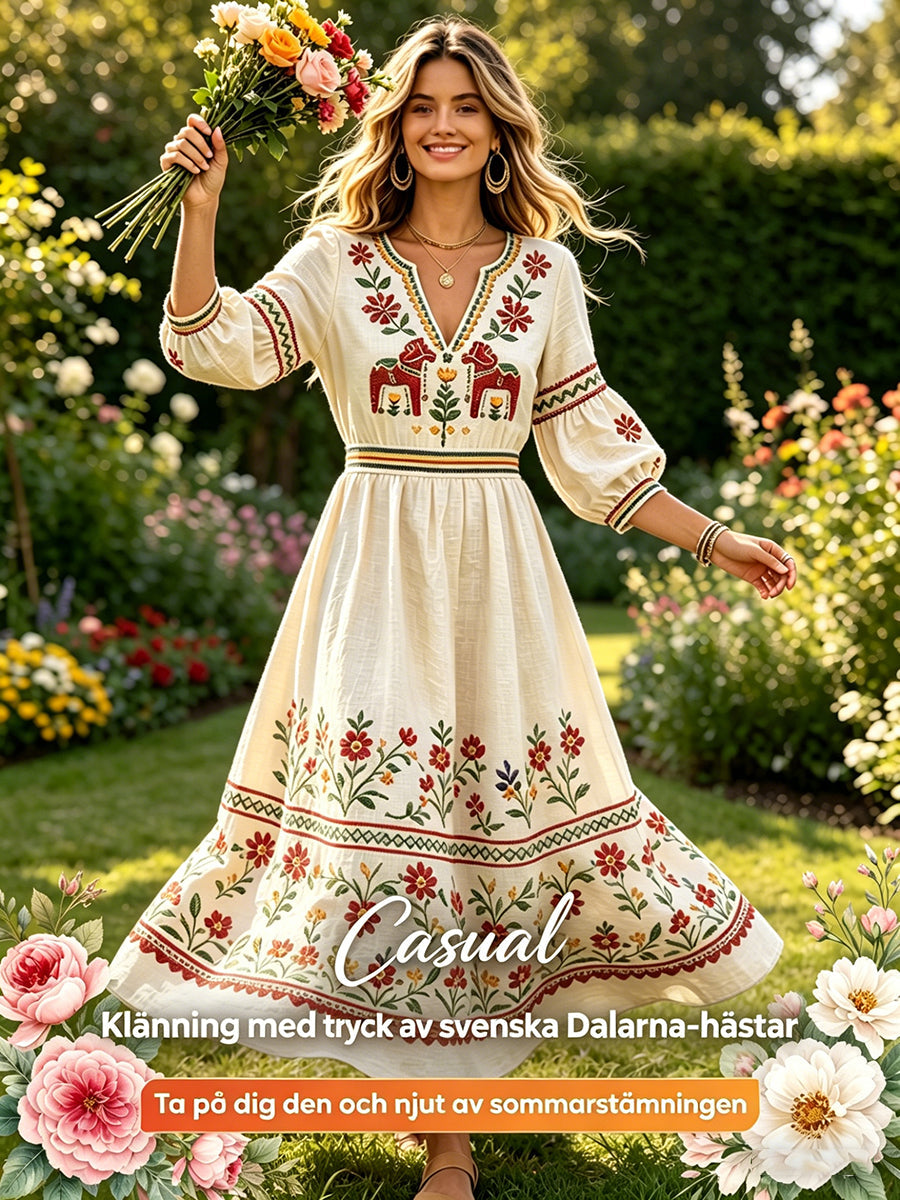 Kvinnors Off-vita midsommar Dala Häst Skriv ut Casual bomull-Linen V-Hack klänning
