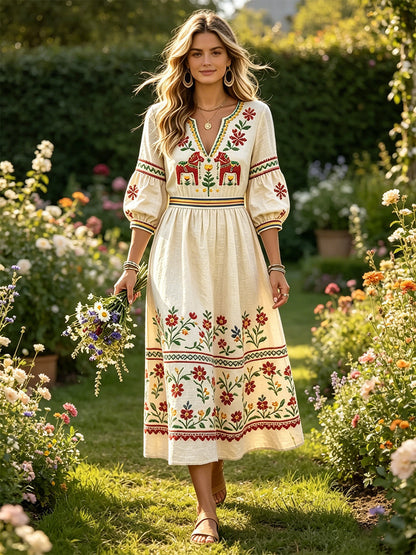 Kvinnors Off-vita midsommar Dala Häst Skriv ut Casual bomull-Linen V-Hack klänning