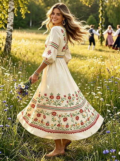 Kvinnors Off-vita midsommar Dala Häst Skriv ut Casual bomull-Linen V-Hack klänning