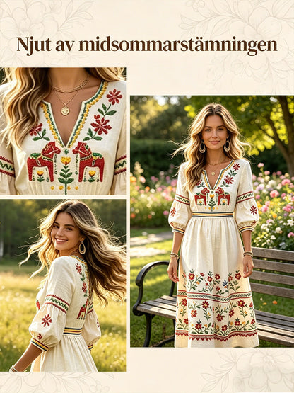 Kvinnors Off-vita midsommar Dala Häst Skriv ut Casual bomull-Linen V-Hack klänning