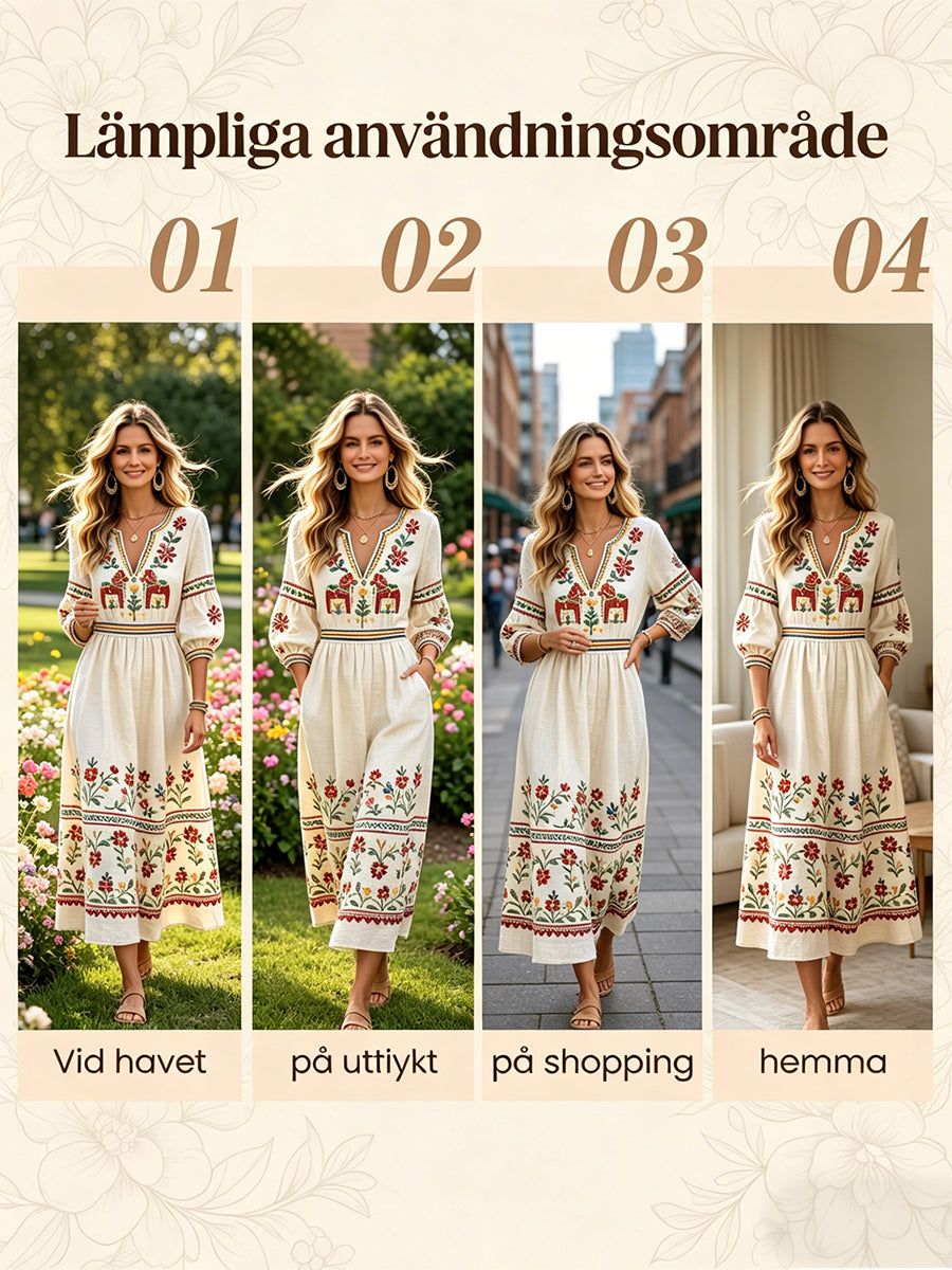 Kvinnors Off-vita midsommar Dala Häst Skriv ut Casual bomull-Linen V-Hack klänning