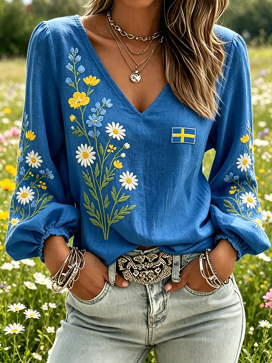 Dams midsummer-topp i linneimitation med blommönster och långa ärmar