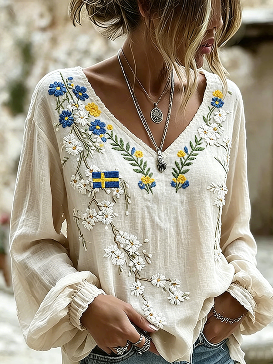 Kvinnors midsommar Floral Print Lin-Seok Lång ärm Topp