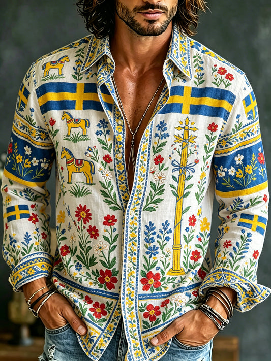 Herregenser med lange ermer og kunsttrykk til minne om den svenske midtsommerfesten