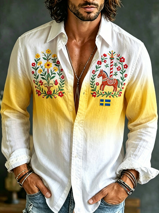 Herregenser med lange ermer og kunsttrykk til minne om den svenske midtsommerfesten