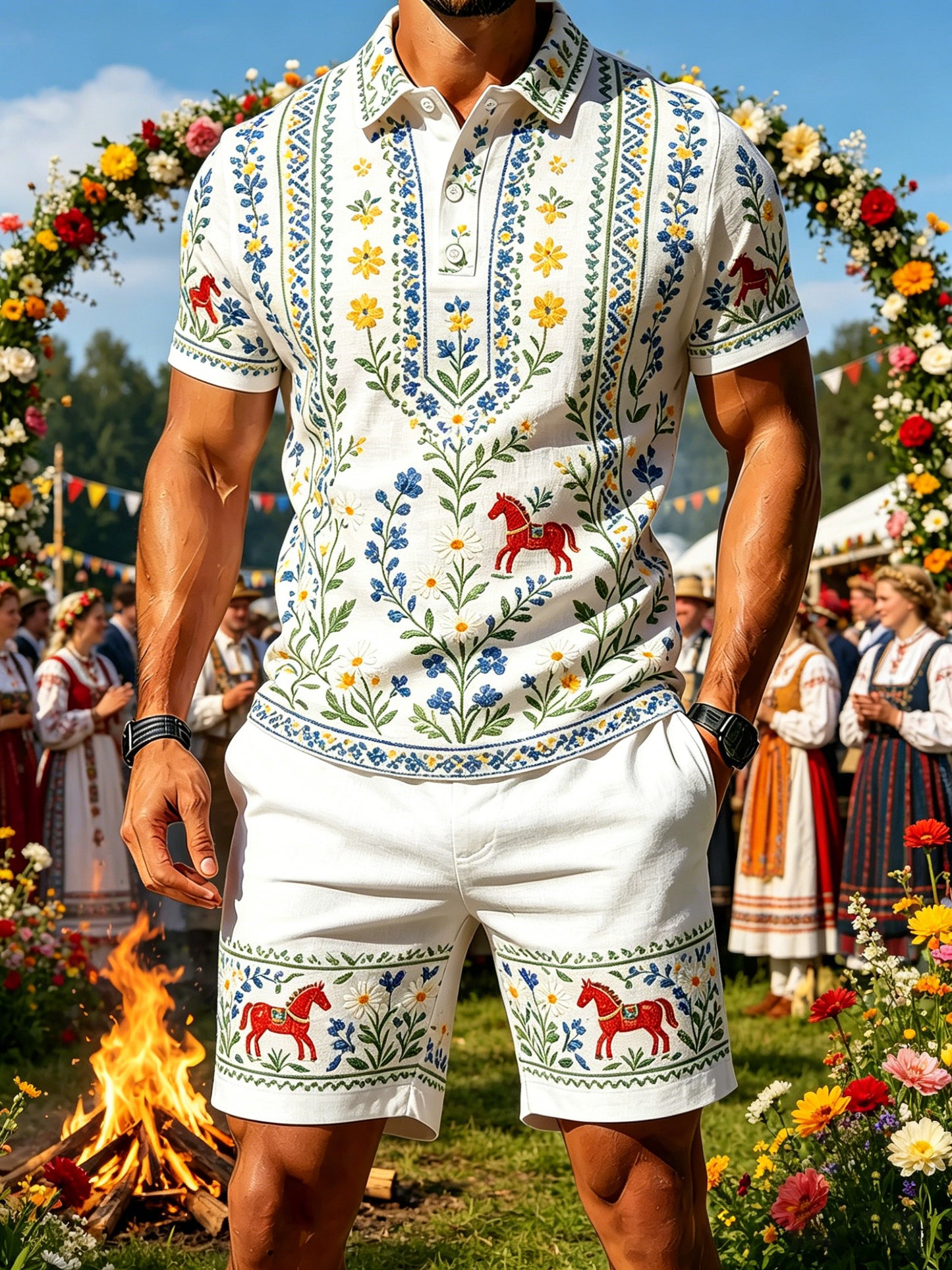 Herrset med konsttryck och polo i samband med den svenska midsommarfesten