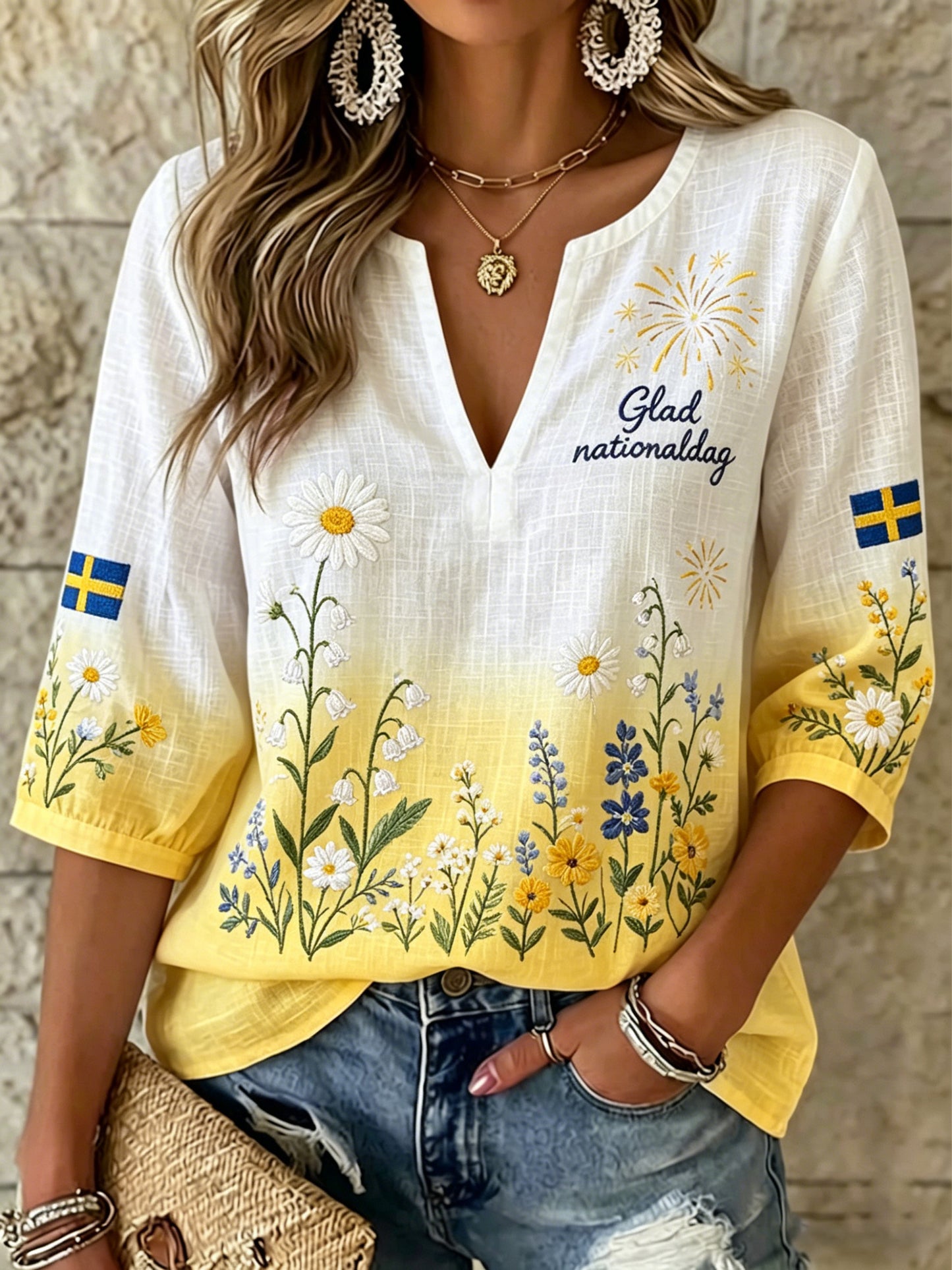 Damer Svensk nationaldag minneskonsttryck V-ringad topp
