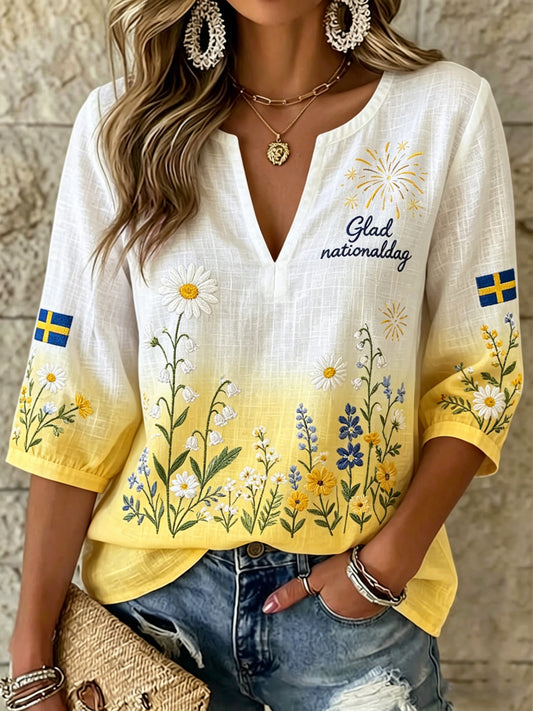 Dame Svensk nasjonaldag minneskunsttrykk V-halset topp