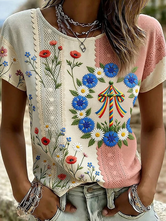 Retro midsommarfest konsttryck avslappnad t-shirt