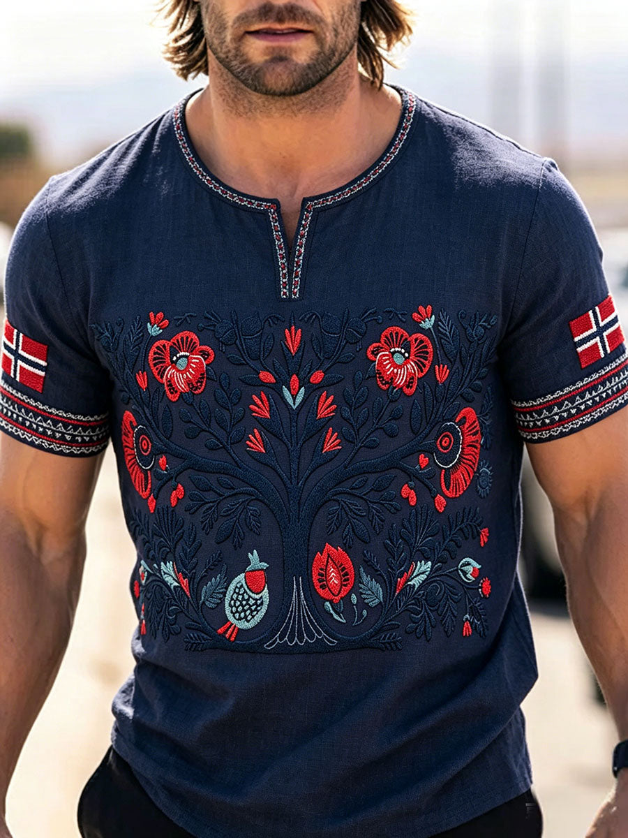Mäns skandinaviska stil Norge Konst Printed Lin T-shirt