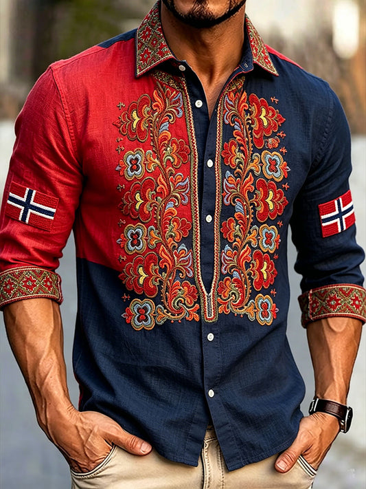 Herreskjorte i skandinavisk stil med norsk kunsttrykk på lin