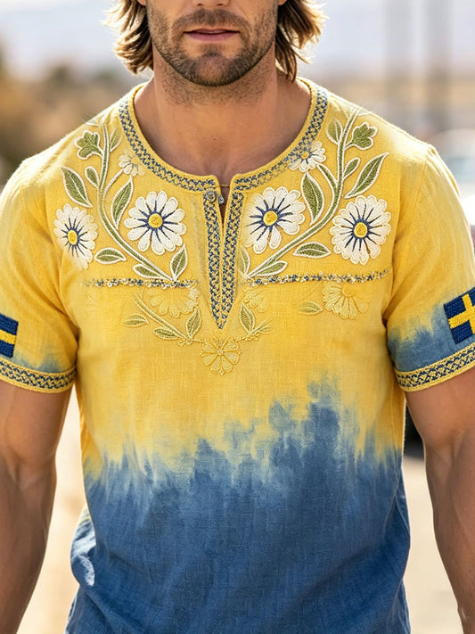 Menns Sverige Gaffel kunst Blomsterprint Lin T-skjorte
