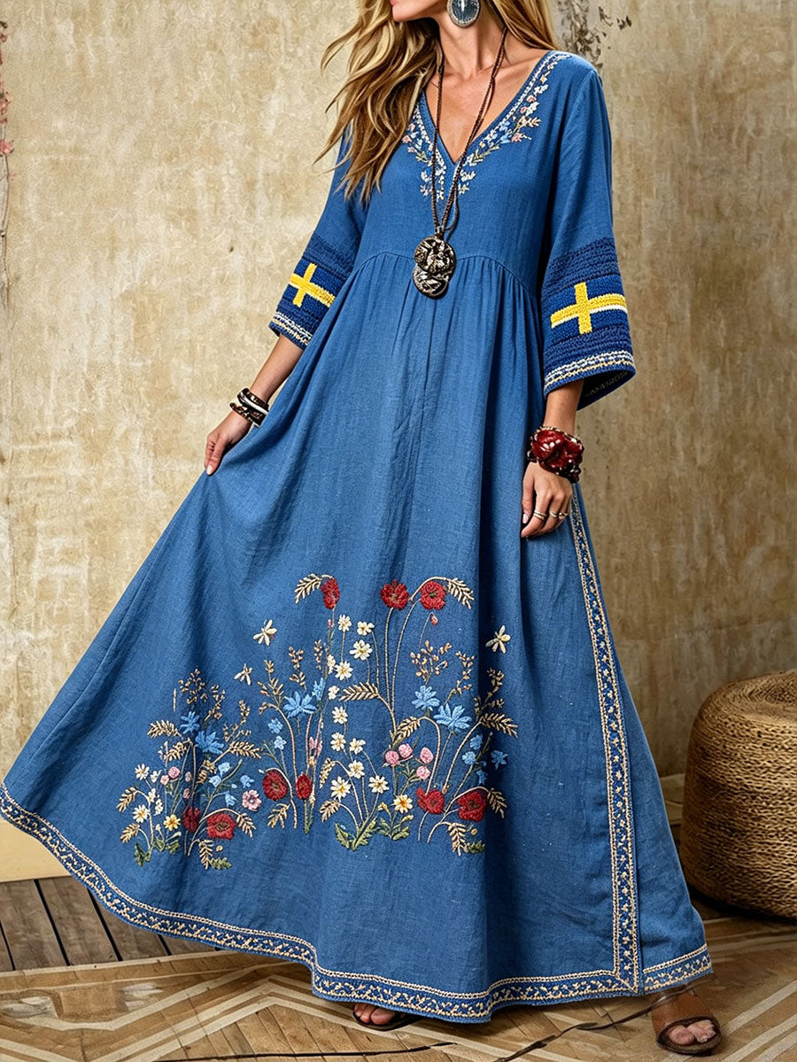 Damer Sverige Gaffel Konst Blommigt Tryckt Linne Klänningar
