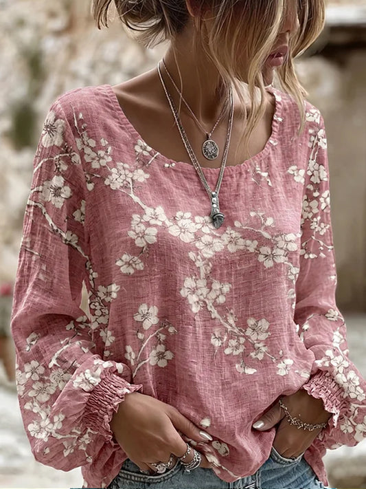 Dame vintage blomstret kunsttrykt uformell topp i bomull-lin