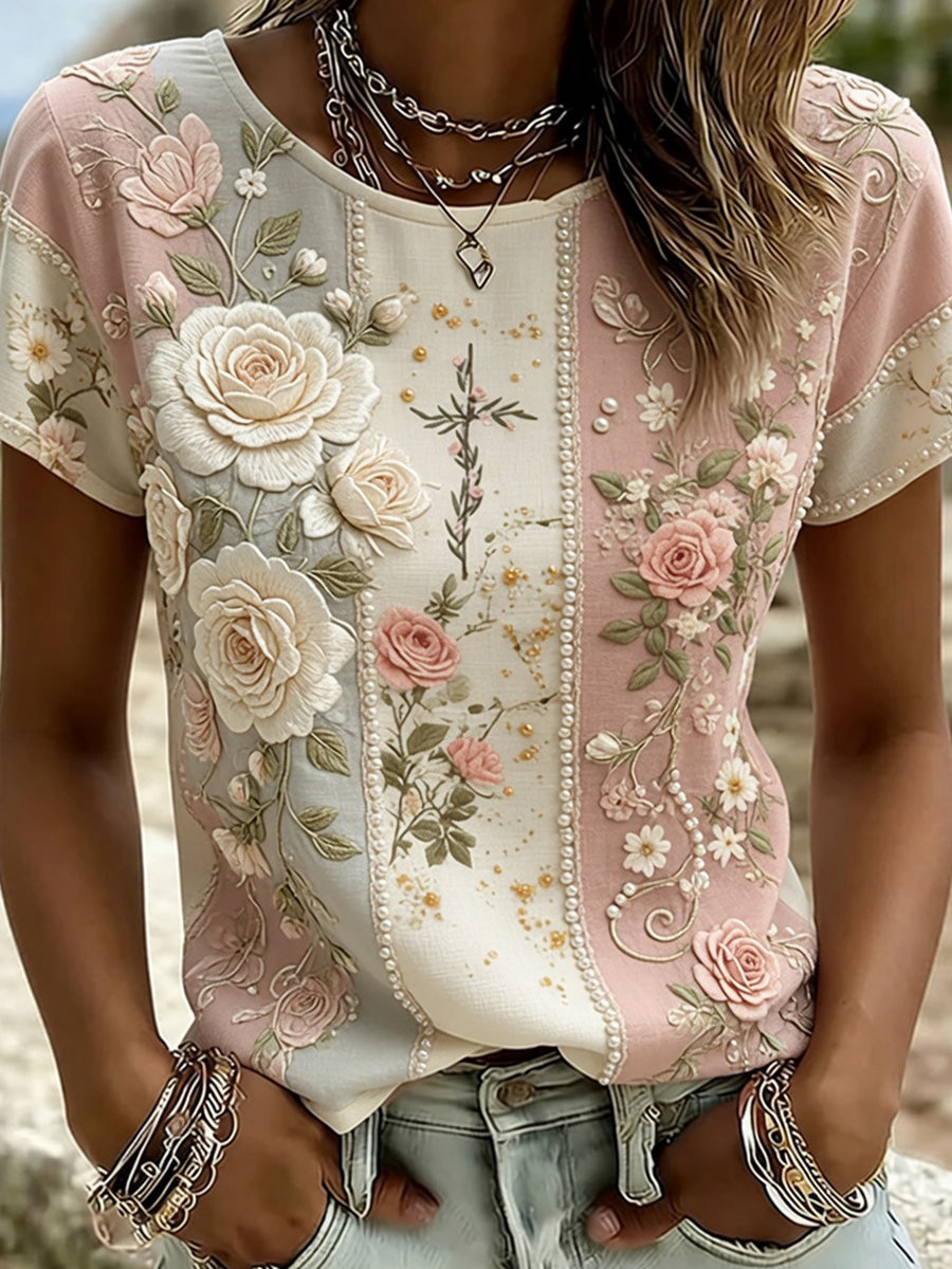 Damsvintag t-shirt med blommigt konsttryck och bekväm passform