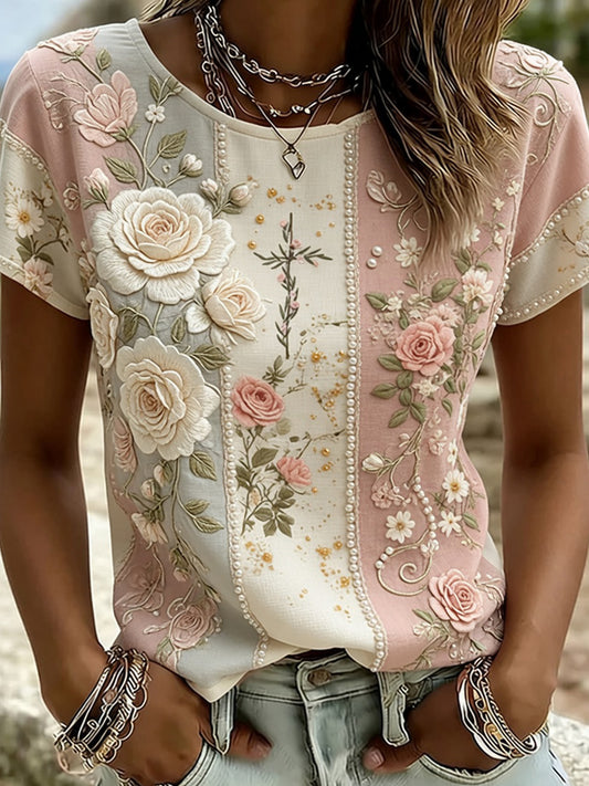 T-skjorte for damer i vintagestil med blomstret kunsttrykk og komfortabel passform