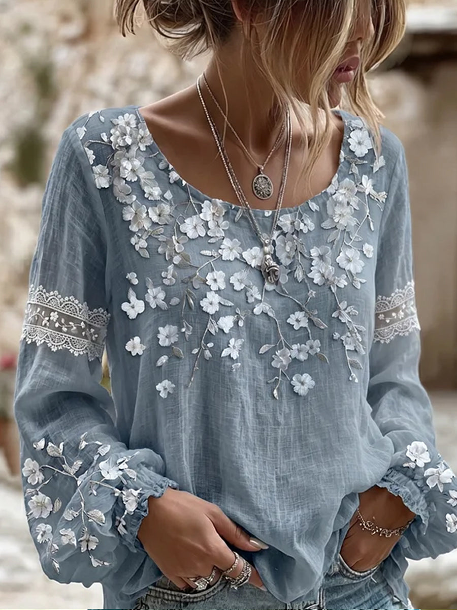 Dams vintage blommig konsttryckt casual topp i bomull-linne