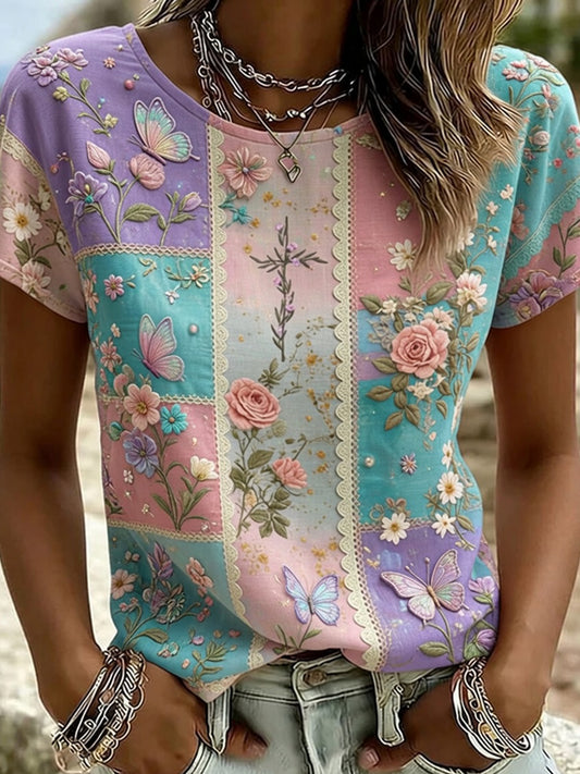 Dame Vintage Blomsterbrodert kunst Trykt Komfortabel T-skjorte