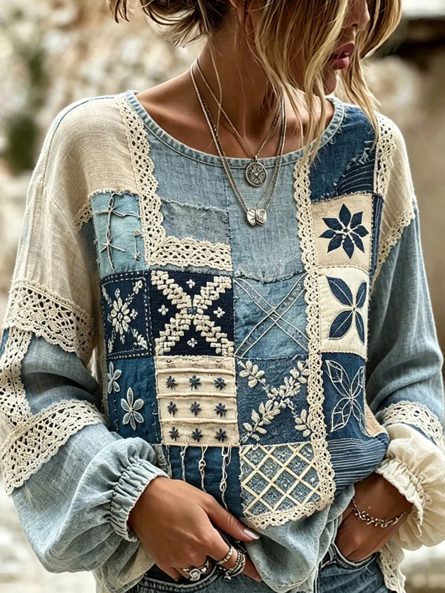 Dams vintage blommig konsttryckt casual topp i bomull-linne