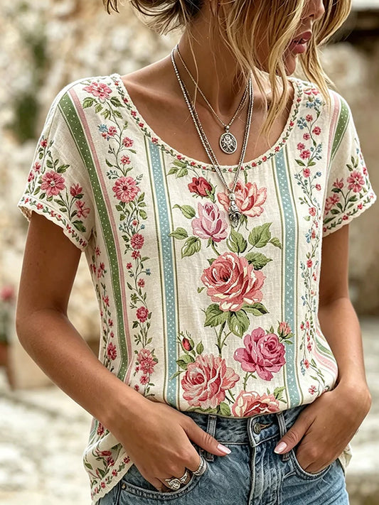 Vintage T-skjorte med blomsterprint for kvinner