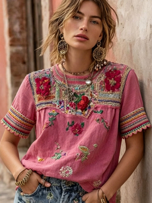 Dame Vintage Bohemian blomsterbroderi Kunst Rund Hals Kort erme Linblanding T-skjorte