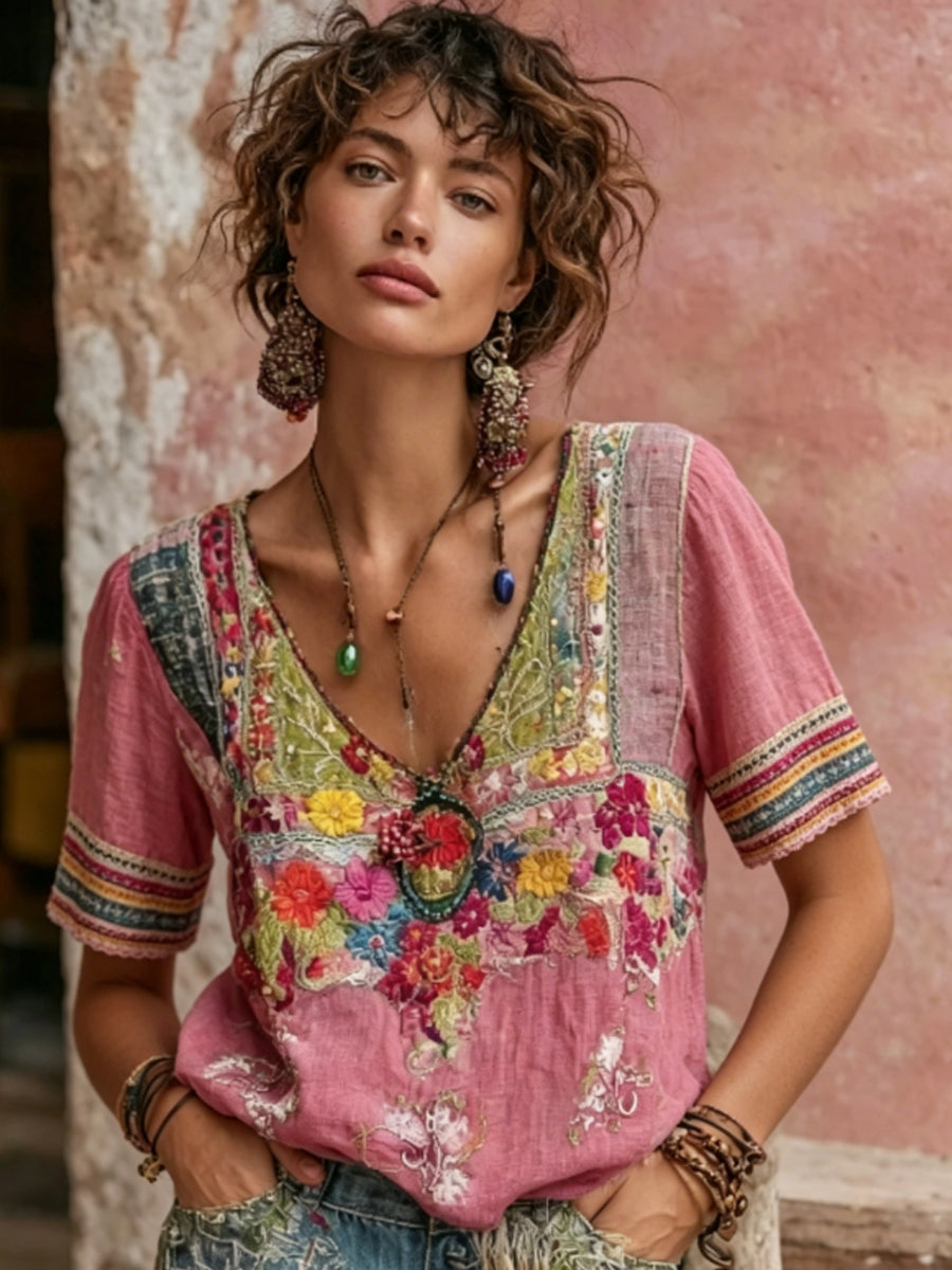 Kvinnor Bohemian Blomsterbroderi Patchwork Art V-hals Kort ärm Lin Bland T-shirt