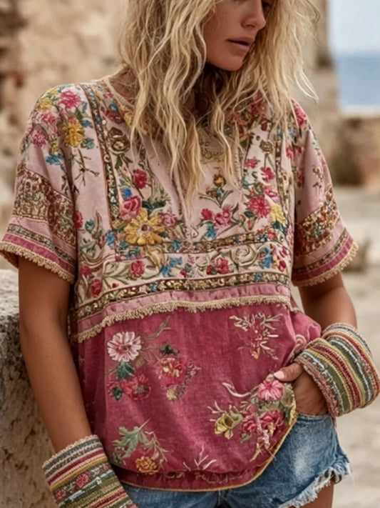 Kvinner Vintage Bohemsk Blomsterbroderi Kunst Rund Hals Kortermet Linblanding T-skjorte