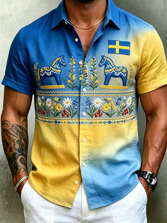 Herrretro svensk midsommarfolkaldrigblommig bomull-linne skjorta med korta ärmarna