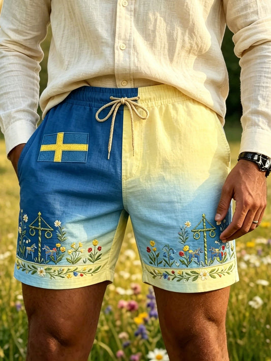 Herrar Retro Svenska Midsommar Folkal Blommig Bomull-Linne Korta Byxor