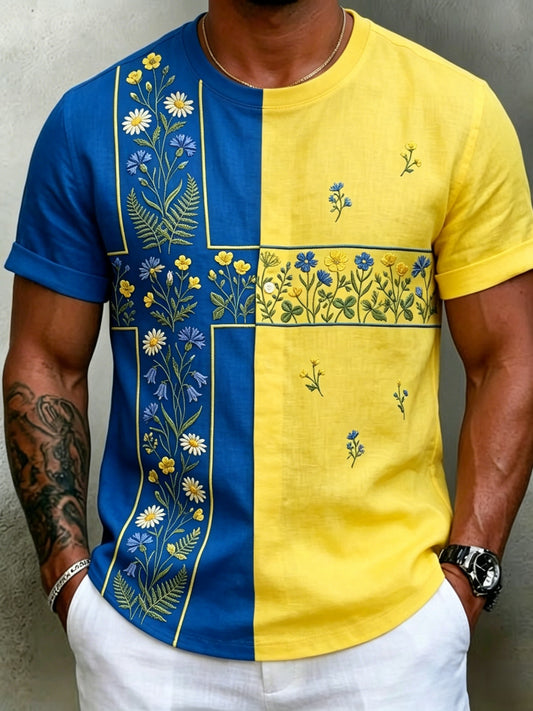Herrretro svensk midsommarfolkal blommig kortärmad t-shirt