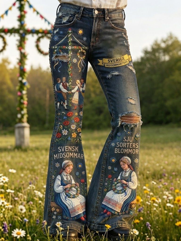 Dams retro svenska midsommarfolkloristiska utsvängda byxor med blommönster