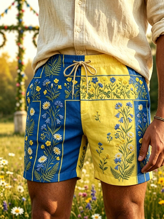 Menn Retro Svensk Midtsommer Folkelig Blomstret Bomull-Lin Korte Bukser